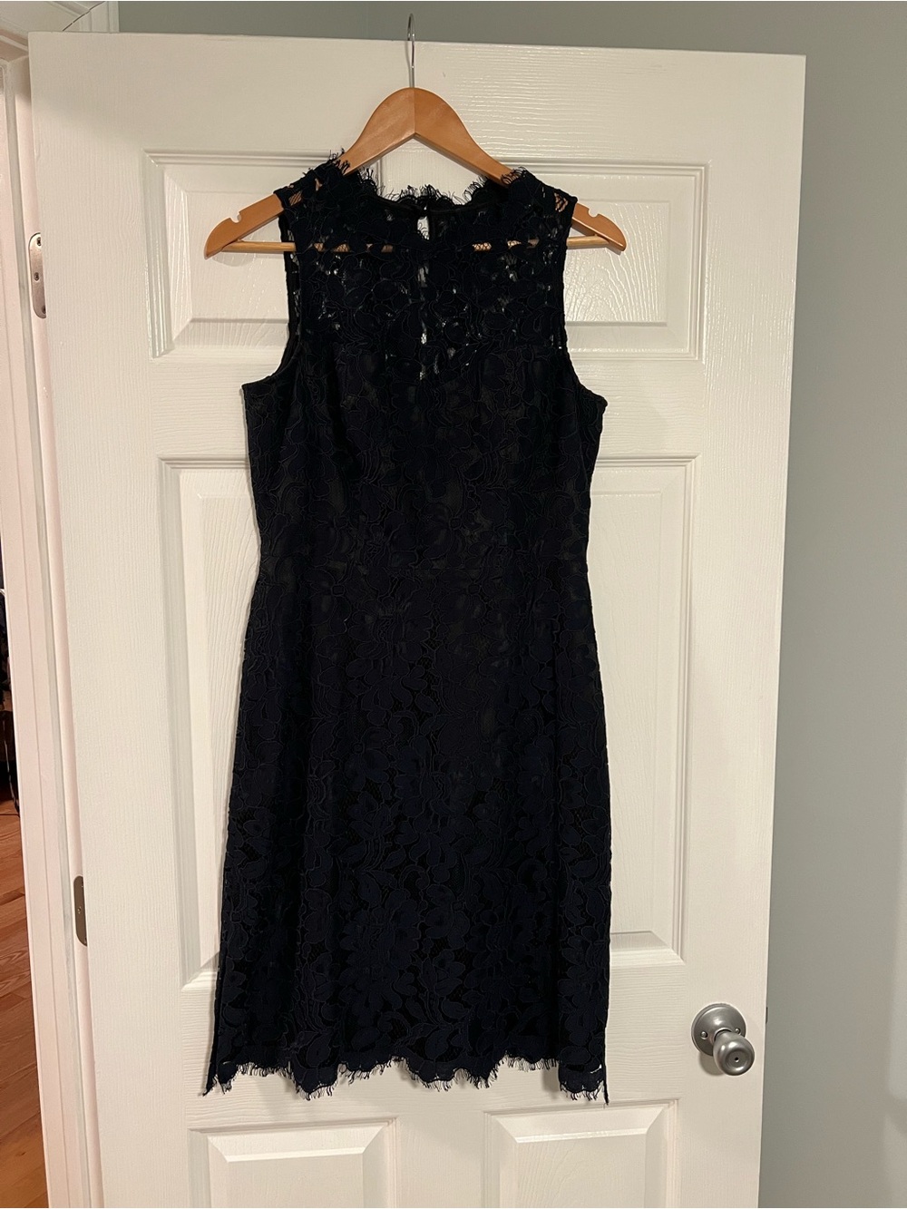 Eliza J Navy Blue Sleeveless Lace Midi Dress with Sheer Yoke